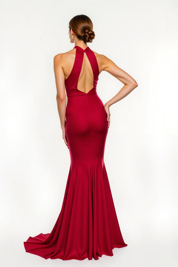 Robe longue de vacances sirène en satin dos nu rouge